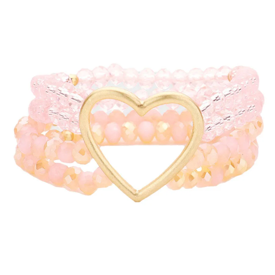 Metal Heart Accented Layered Faceted Beaded Stretch Bracelet