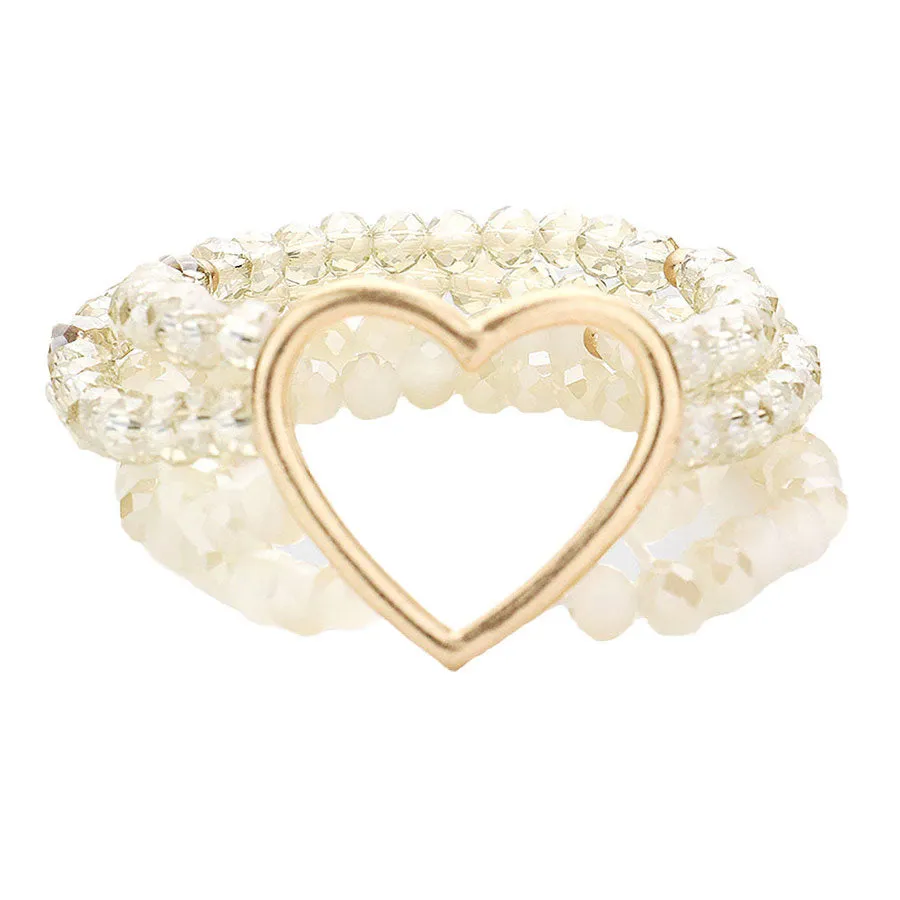 Metal Heart Accented Layered Faceted Beaded Stretch Bracelet