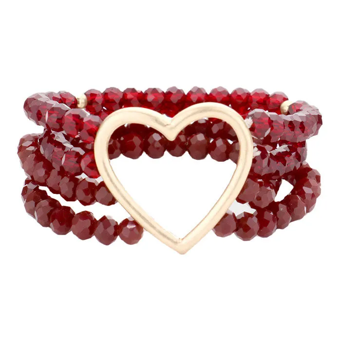 Metal Heart Accented Layered Faceted Beaded Stretch Bracelet