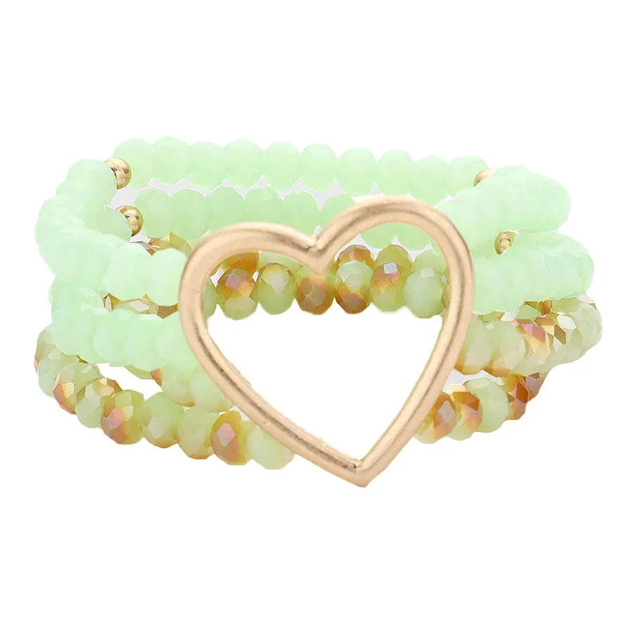 Metal Heart Accented Layered Faceted Beaded Stretch Bracelet