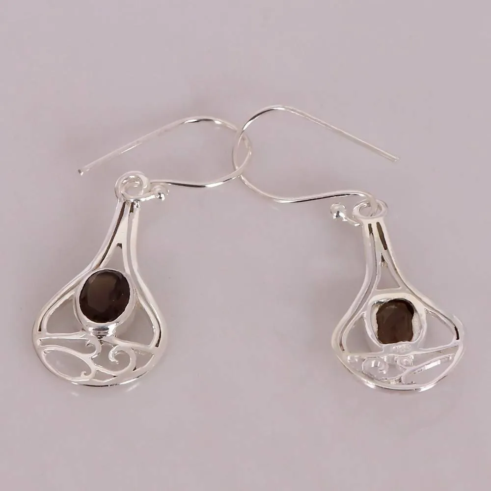 Natural Quartz Solid Silver Dangler Earring, Real Smoky Quartz 925 Sterling Silver Earring