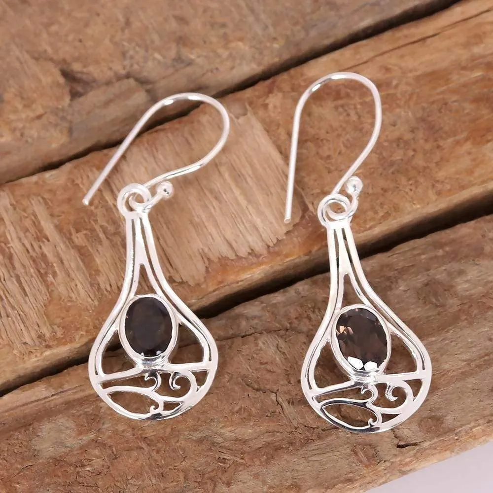 Natural Quartz Solid Silver Dangler Earring, Real Smoky Quartz 925 Sterling Silver Earring