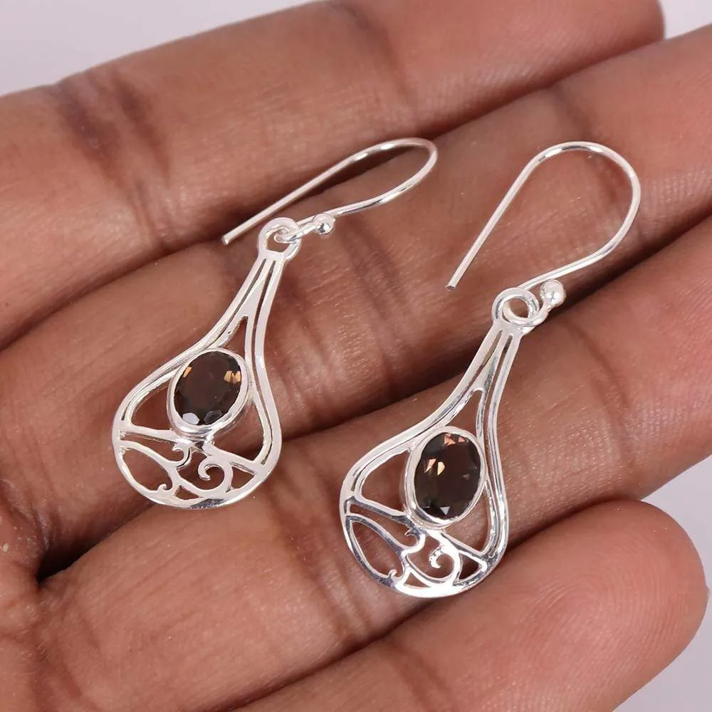 Natural Quartz Solid Silver Dangler Earring, Real Smoky Quartz 925 Sterling Silver Earring