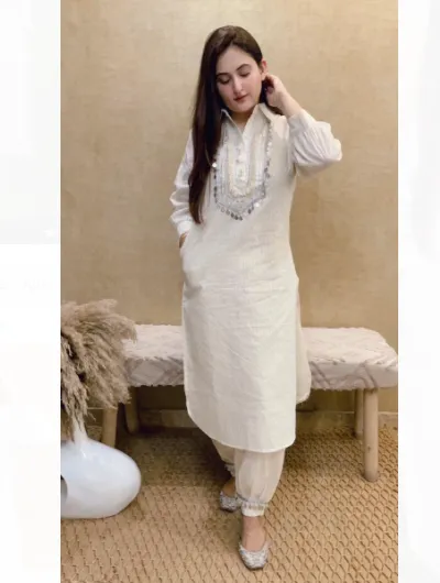 Off White  Embroidery Cord Set Women Kurti Set