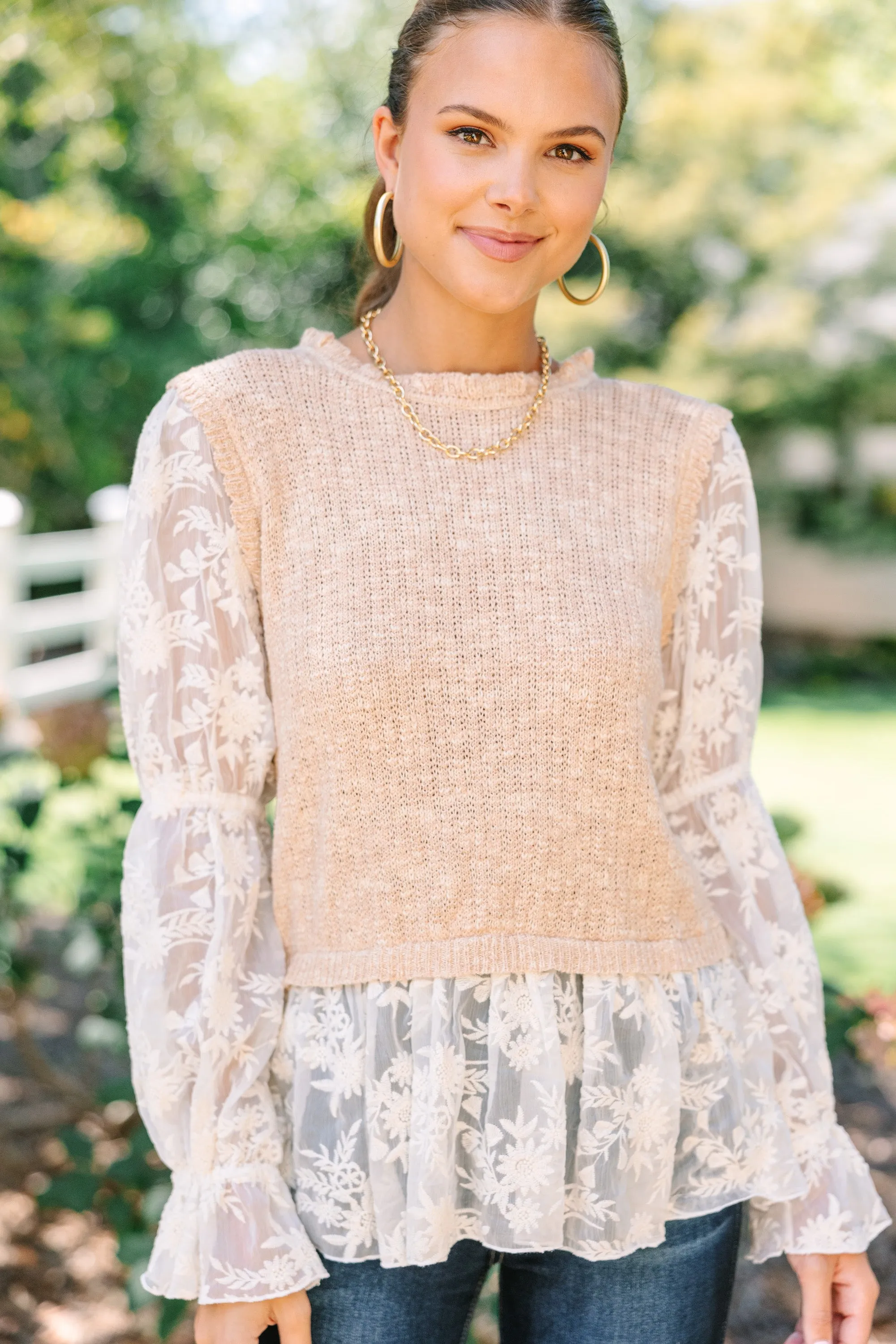 On Your Way Taupe Brown Lace Blouse