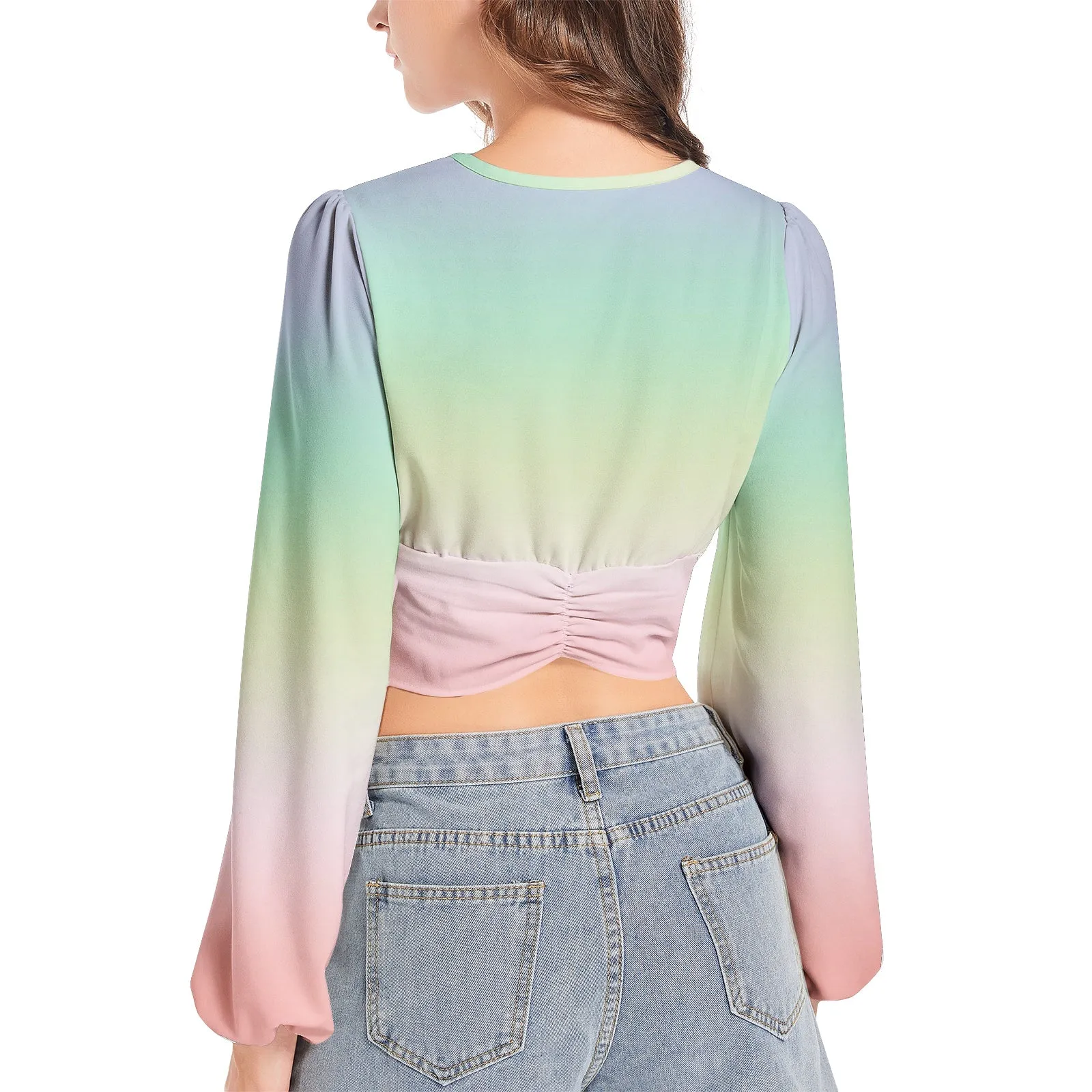 Pastel Wind Women's Deep V-Neck Lantern Sleeve Crop Top