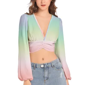 Pastel Wind Women's Deep V-Neck Lantern Sleeve Crop Top