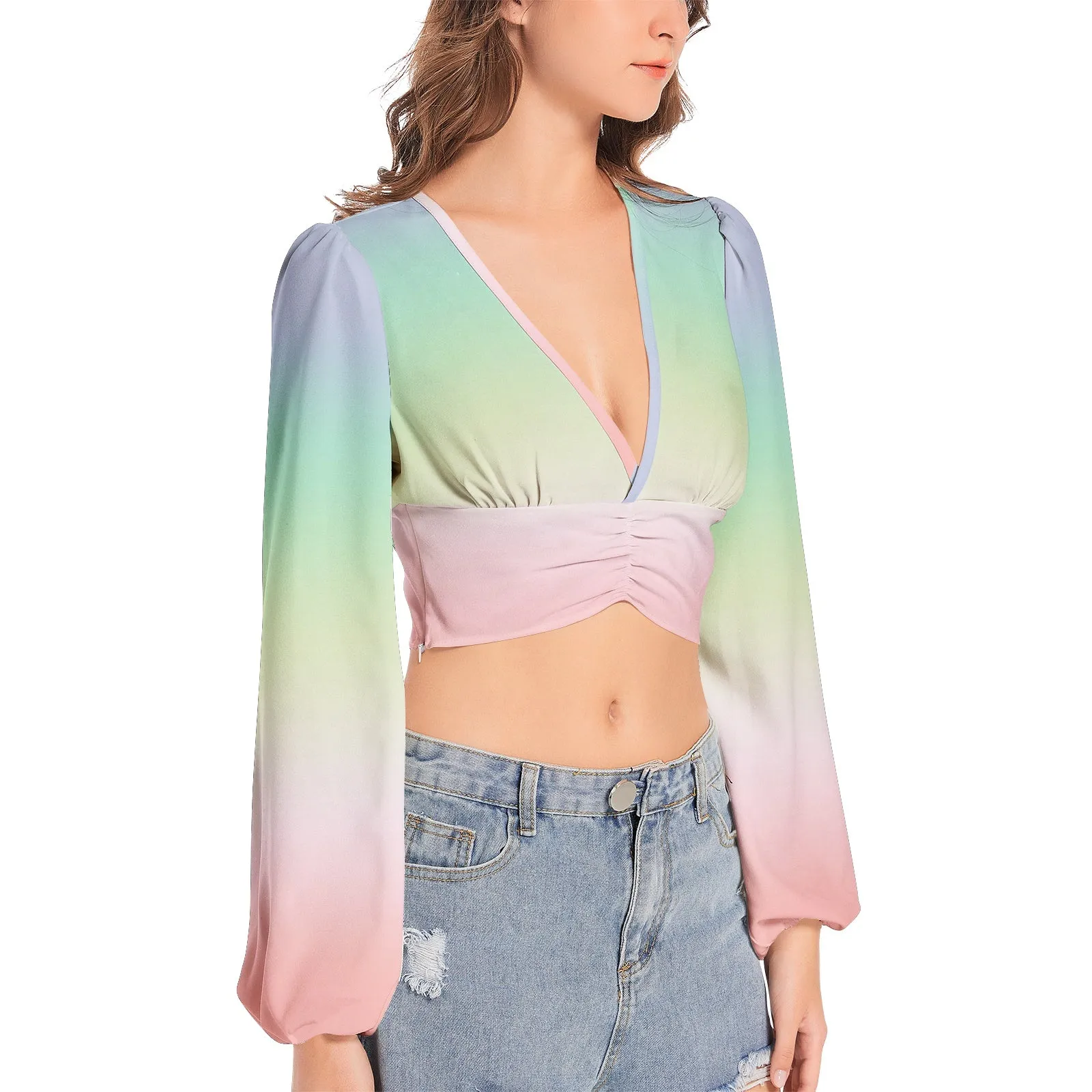 Pastel Wind Women's Deep V-Neck Lantern Sleeve Crop Top