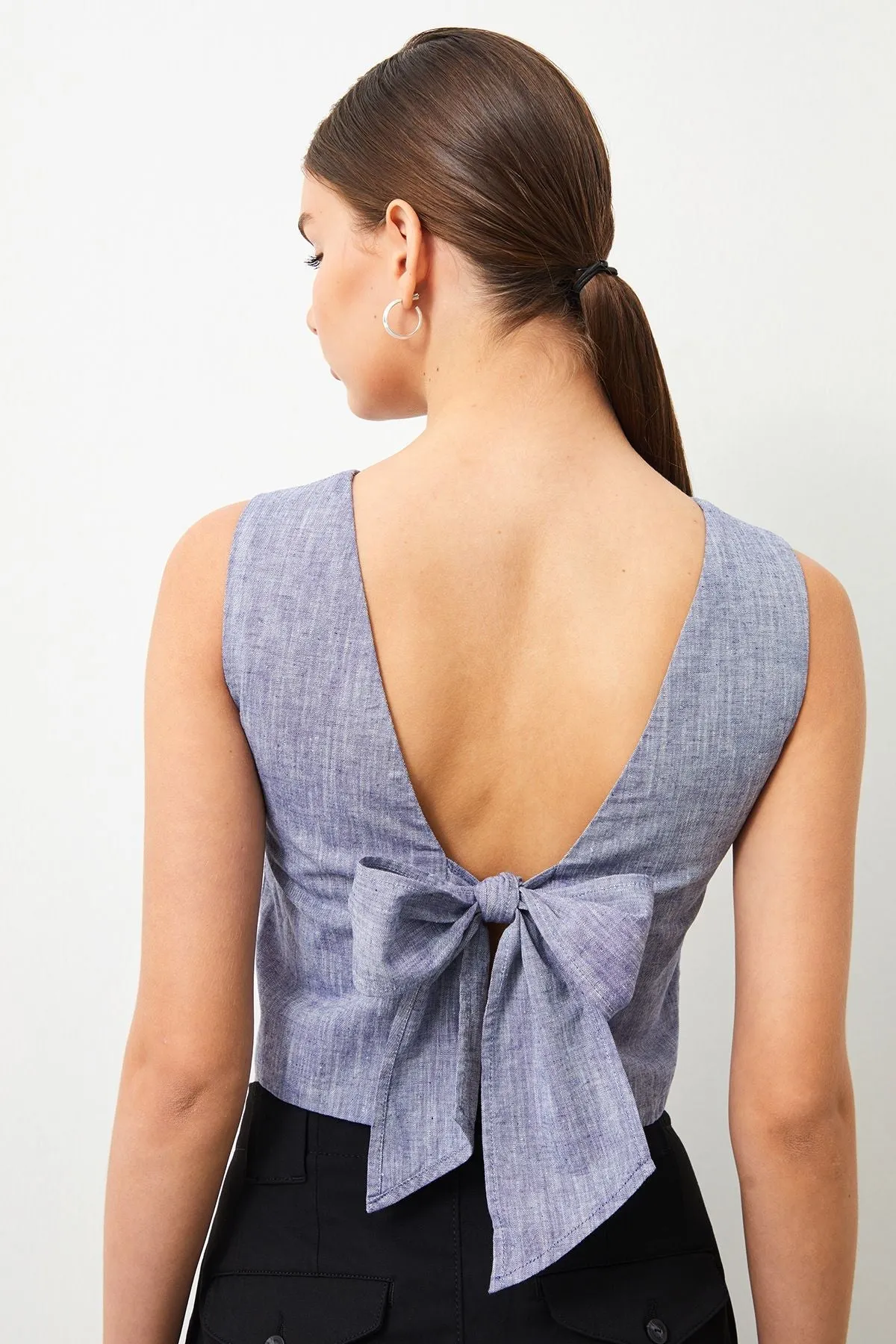 Perla Back Tie Blue Women's Linen Blouse