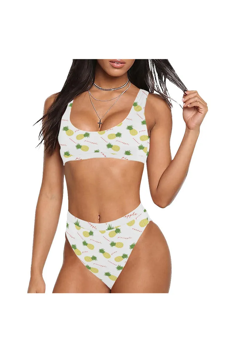 Pineapples on White Sport Top & High-Waisted Bikini Swimsuit