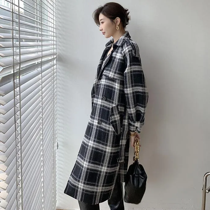 Plaid Oversize Thicken Long Wool Coat 2 colors Black Brown