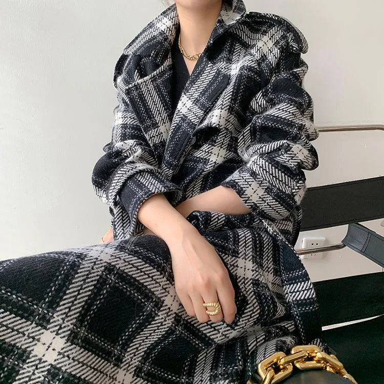 Plaid Oversize Thicken Long Wool Coat 2 colors Black Brown