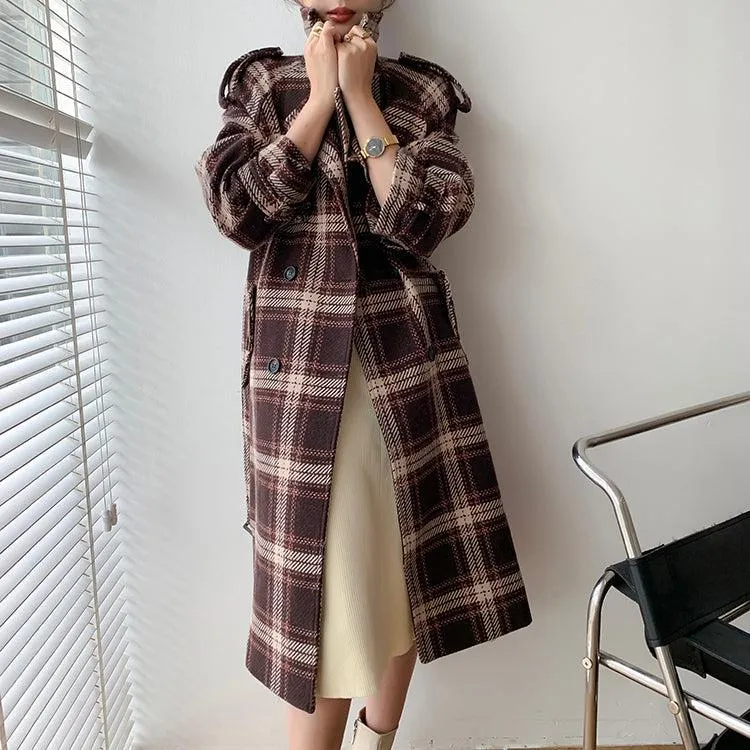 Plaid Oversize Thicken Long Wool Coat 2 colors Black Brown