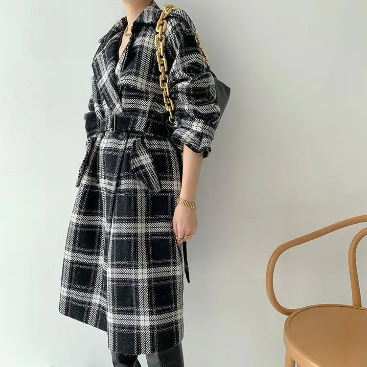 Plaid Oversize Thicken Long Wool Coat 2 colors Black Brown