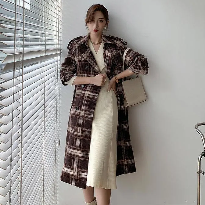 Plaid Oversize Thicken Long Wool Coat 2 colors Black Brown