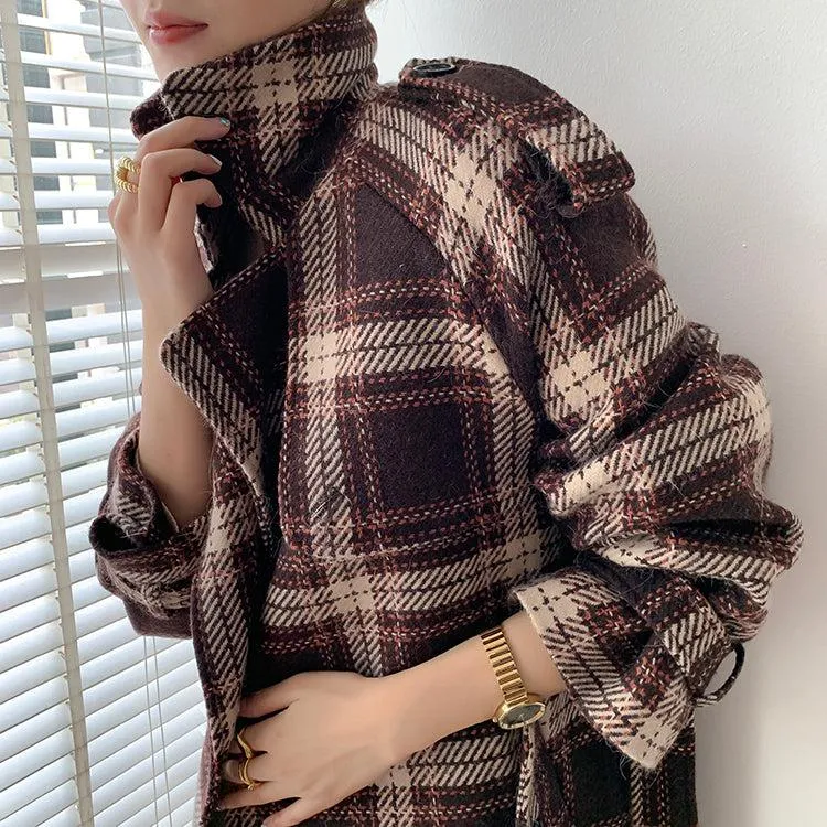 Plaid Oversize Thicken Long Wool Coat 2 colors Black Brown