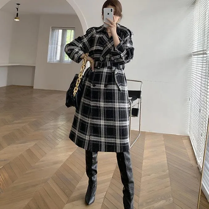 Plaid Oversize Thicken Long Wool Coat 2 colors Black Brown