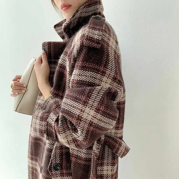 Plaid Oversize Thicken Long Wool Coat 2 colors Black Brown