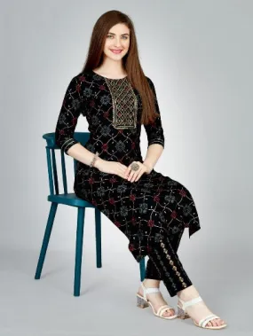 Plus Size Black Rayon Foil Print Kurti Pant Set Of 2