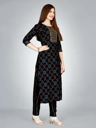 Plus Size Black Rayon Foil Print Kurti Pant Set Of 2