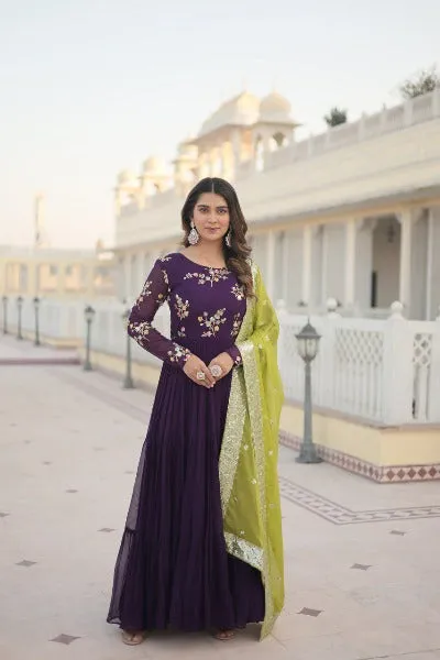 Purple Georgette Embroidered Anarkali Gown With Dupatta Set 0f 2