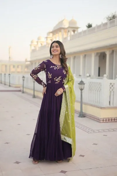 Purple Georgette Embroidered Anarkali Gown With Dupatta Set 0f 2