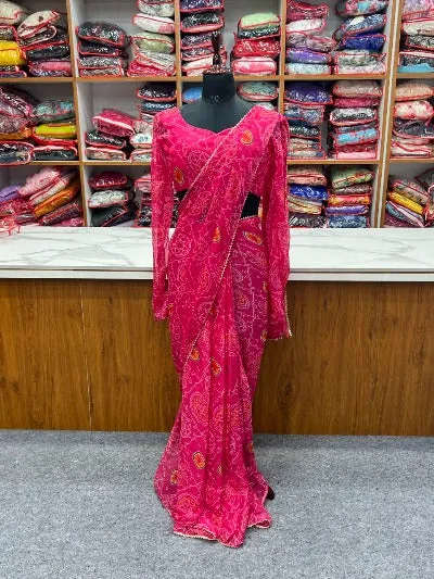 Ready to wear Pink Bandhani Sari Free Stitched Readymade Blouse