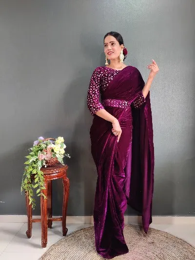 Ready to wear Saree Velvet with Stitched Blouse Readymade