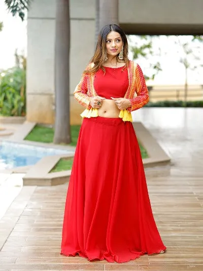 Red Georgette Indo Western Readymade Lehenga Set