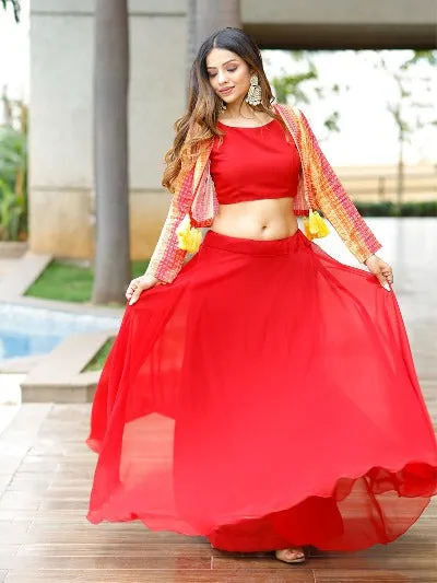 Red Georgette Indo Western Readymade Lehenga Set