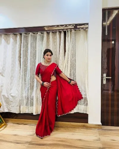 Red Pure Chinon Diamond Work Saree