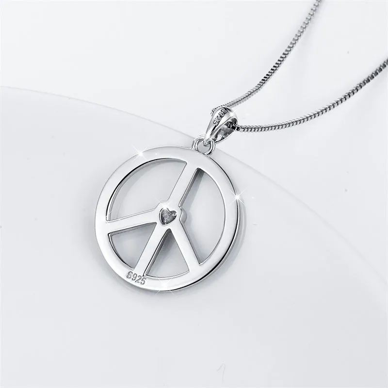 S925 Sterling Silver Peace Sign Hippie Party Pendant Necklace Jewelry Gift