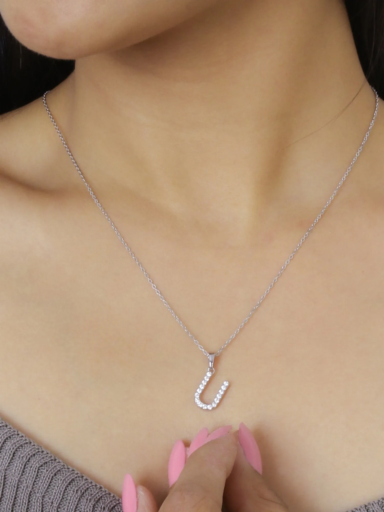 Silver U Initial Necklace American Diamonds