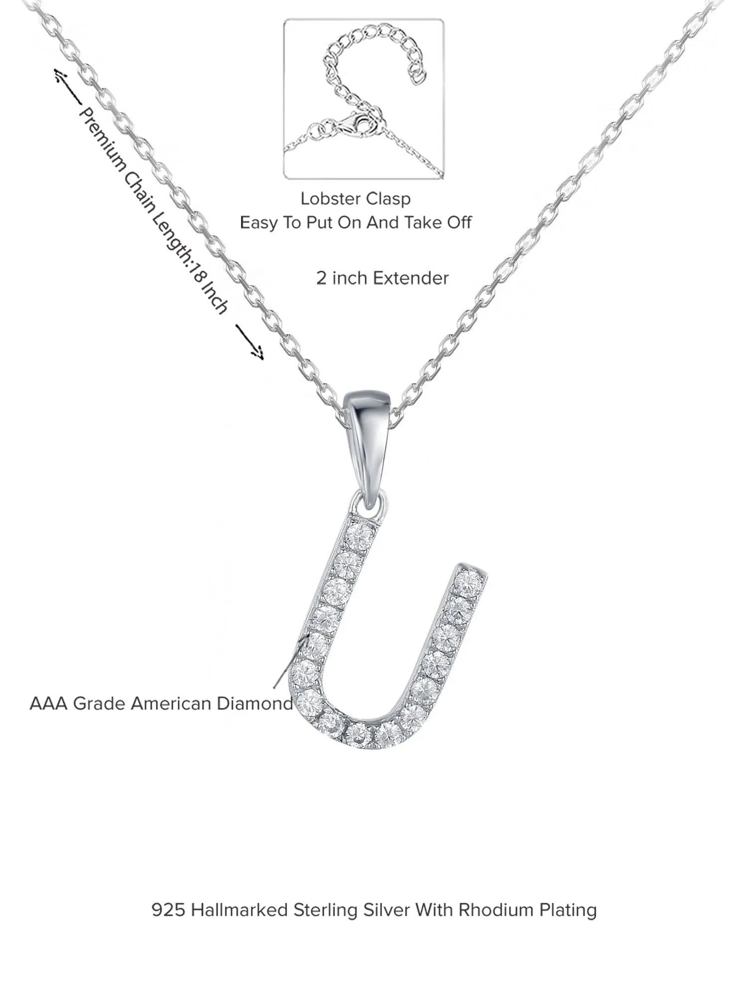 Silver U Initial Necklace American Diamonds