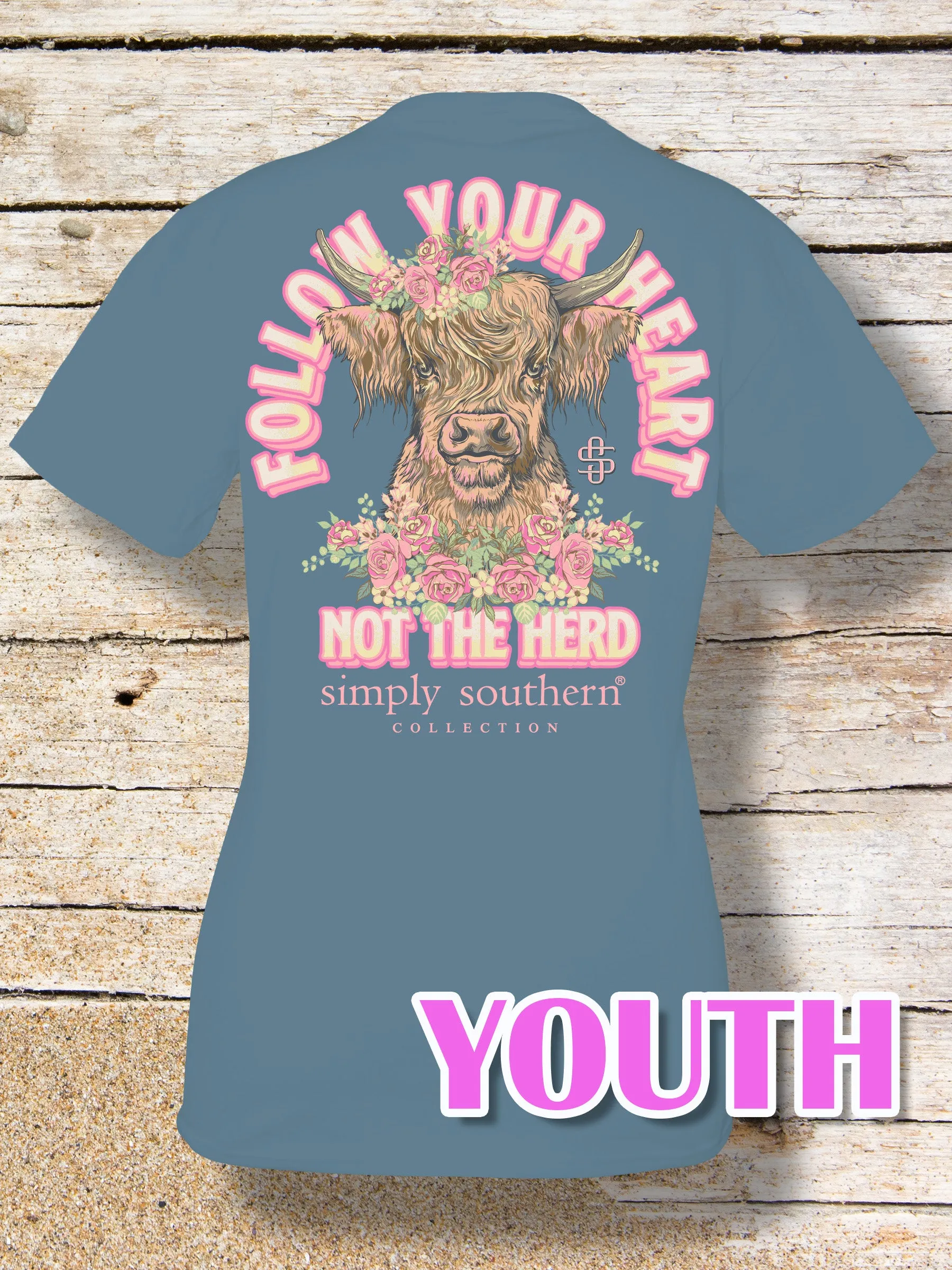 Simply Southern 'Follow Your Heart' Highland Cow Short Sleeve TShirt in Adult and Youth Sizes