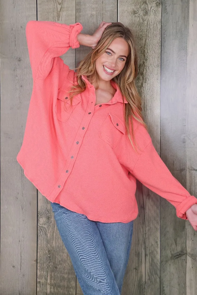 Simply Southern Oversized Waffle Shacket with Chest Pockets in Pumpkin