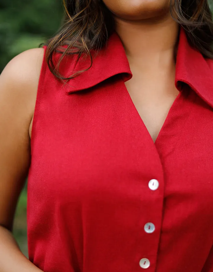 Sleeveless Belted Linen Shirt Dress