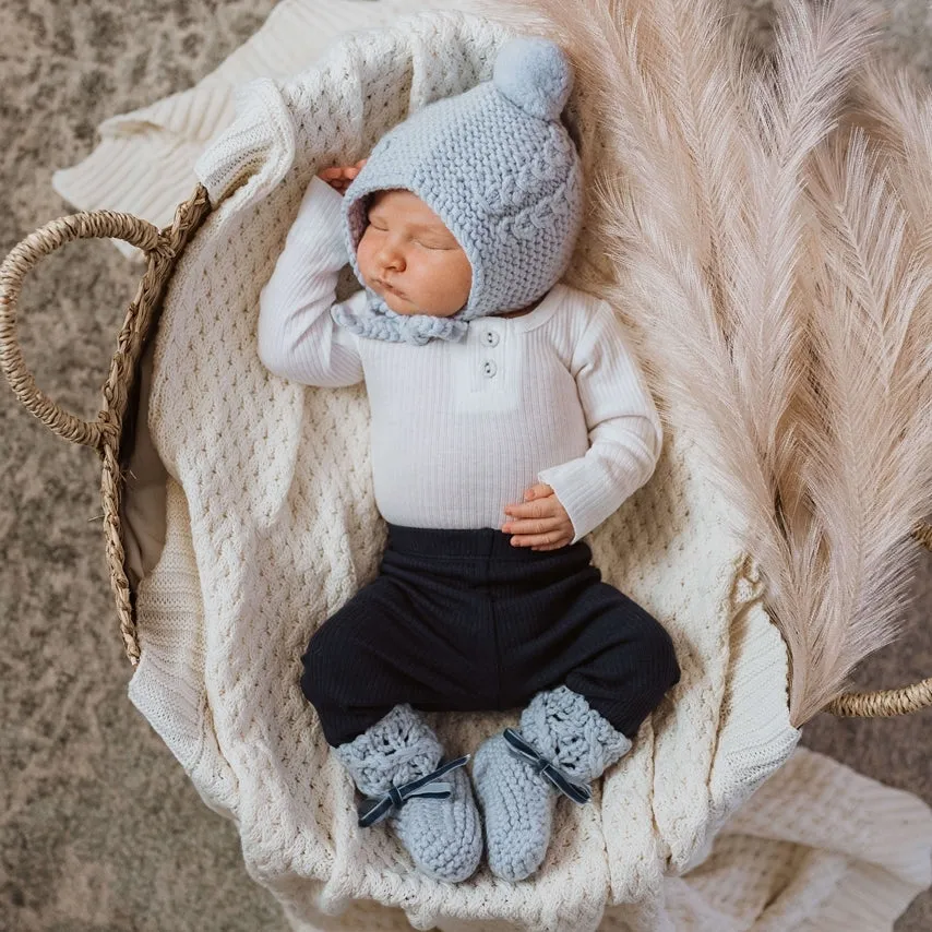 Snuggle Hunny Merino Wool Bonnet & Booties Set - Blue