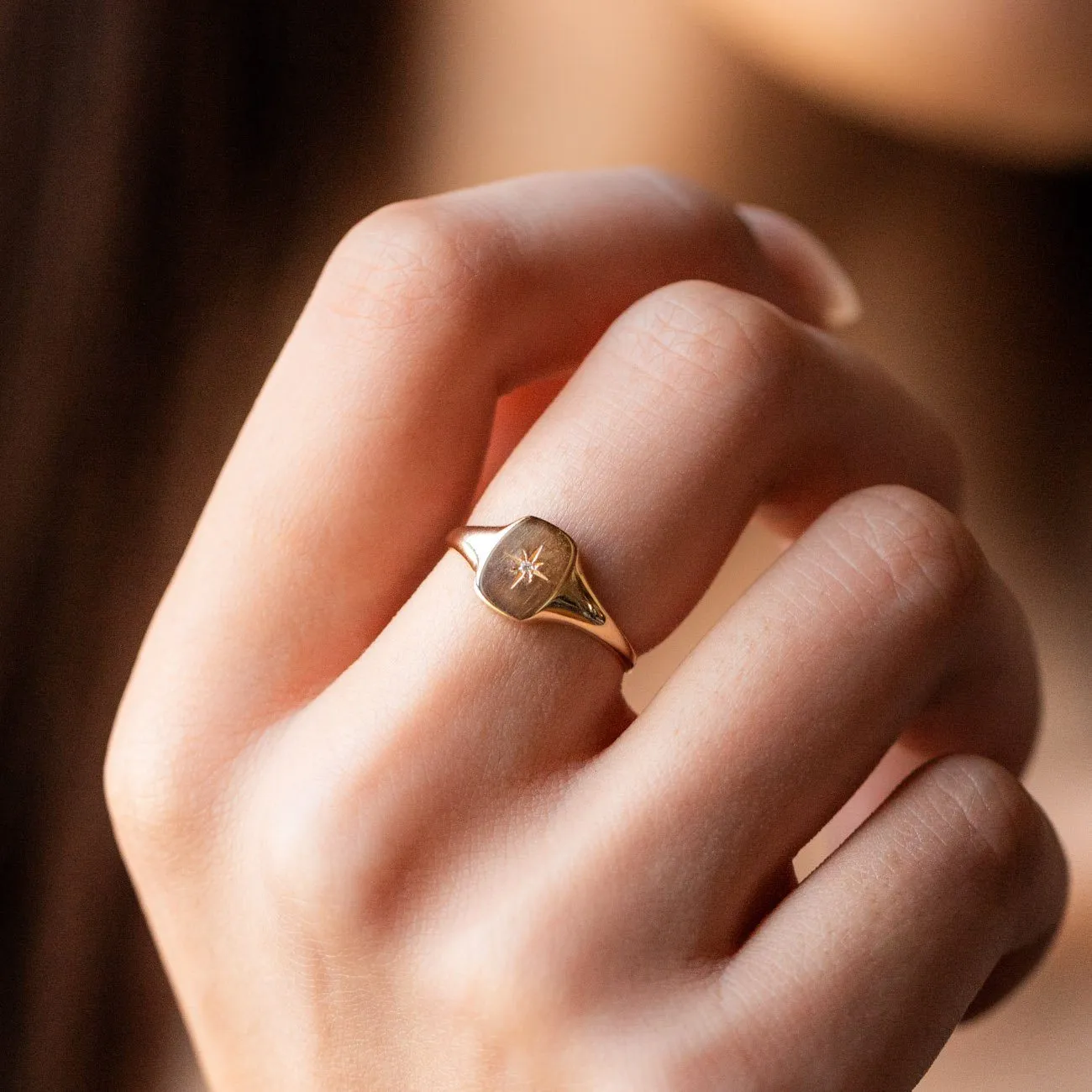 Solid Gold Diamond Star Signet Ring