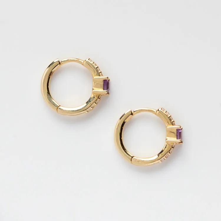 Solid Gold Elegant Amethyst Pave Huggie Hoops