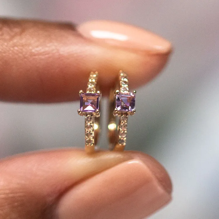 Solid Gold Elegant Amethyst Pave Huggie Hoops