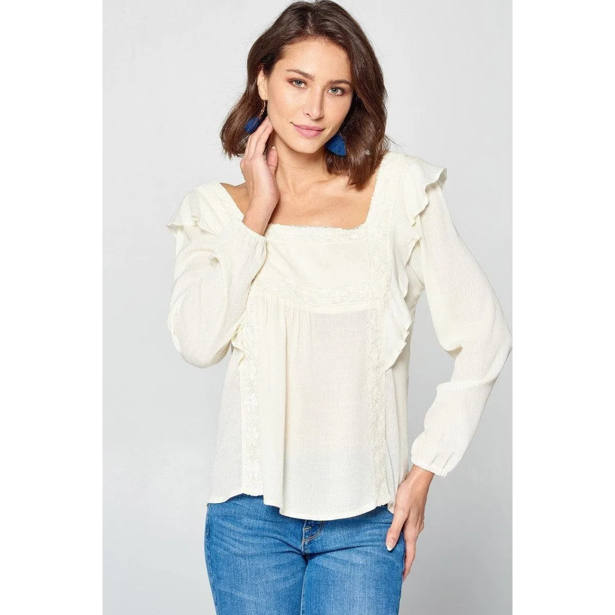 Solid Loose-fit Gauze Peasant Blouse