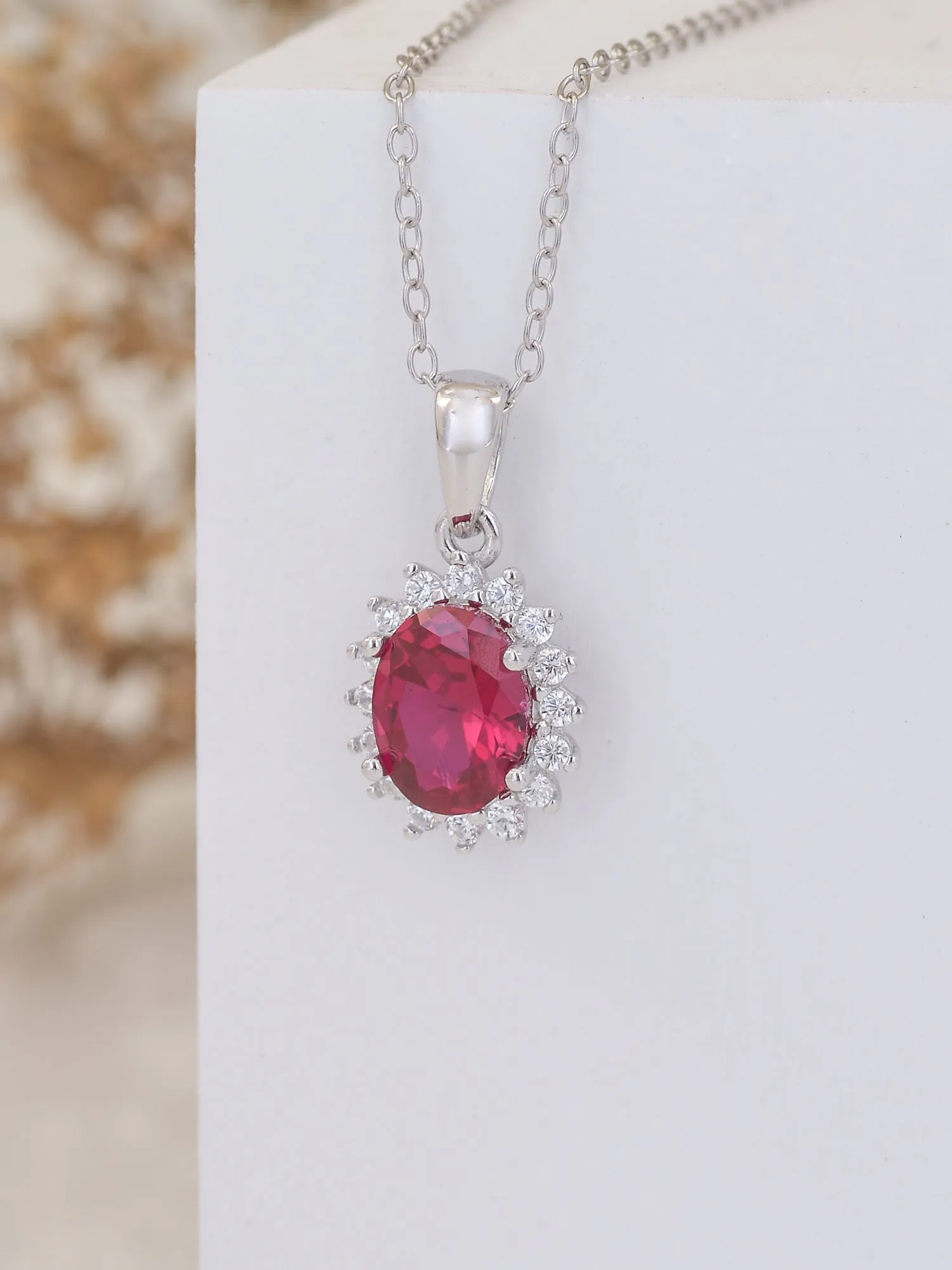 Sterling Silver Red Ruby Halo Oval Pendant