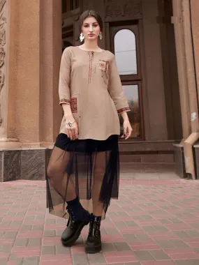 Striking Beige Slub Rayon Short Kurti With Embroidery Work