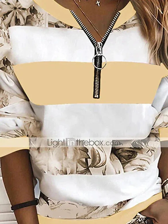 Striped Color Block V-Neck Long Sleeve Women's Blouse