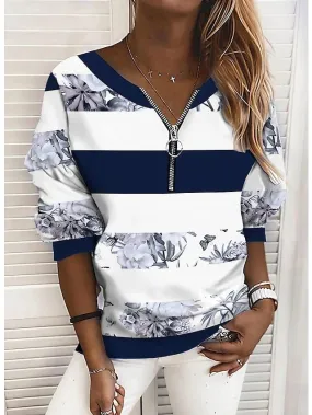 Striped Color Block V-Neck Long Sleeve Women's Blouse