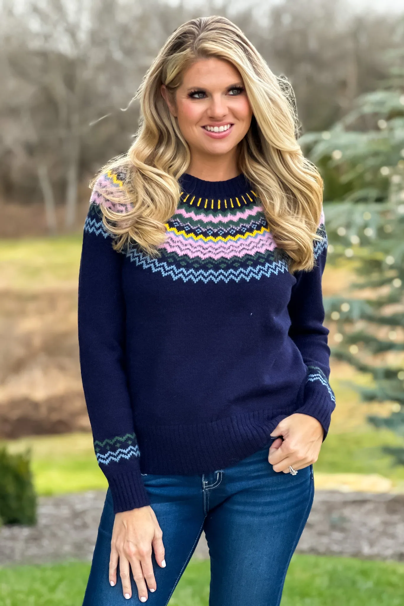 Taylor Fair Isle Crew Neck Sweater : Navy/Pink