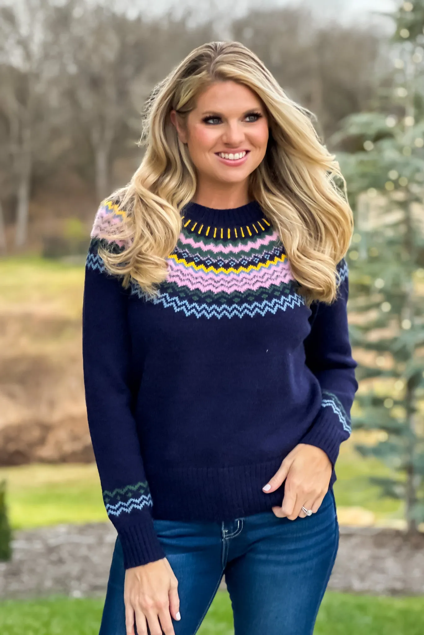 Taylor Fair Isle Crew Neck Sweater : Navy/Pink