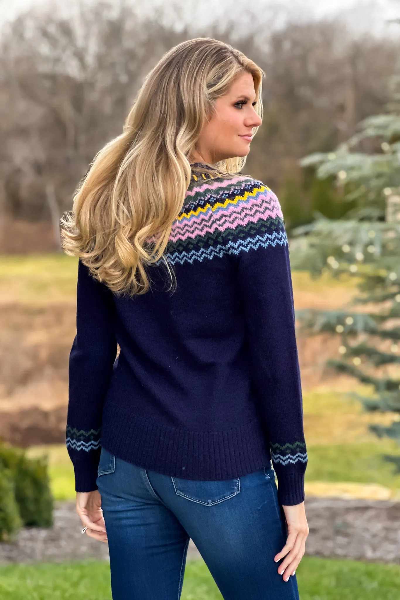 Taylor Fair Isle Crew Neck Sweater : Navy/Pink