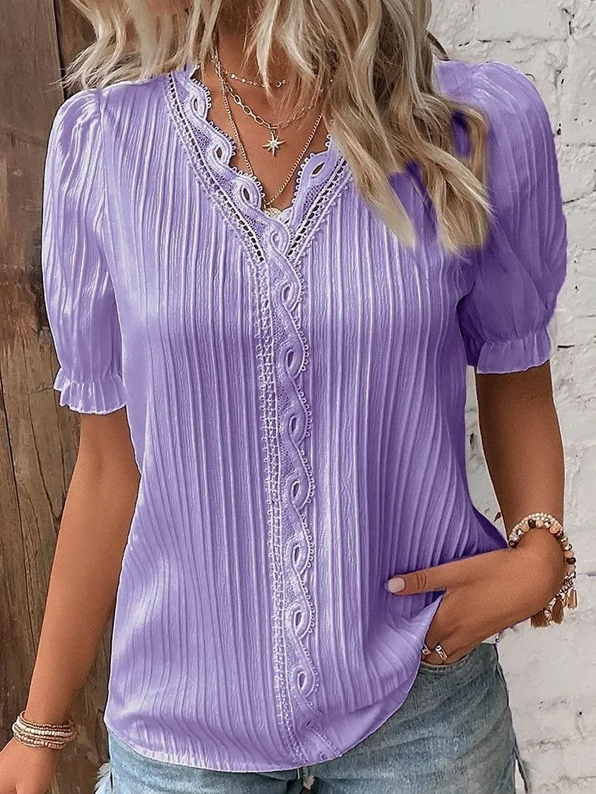 Vintage Lace Shirt Blouse for Women with Short Sleeves and V-Neck